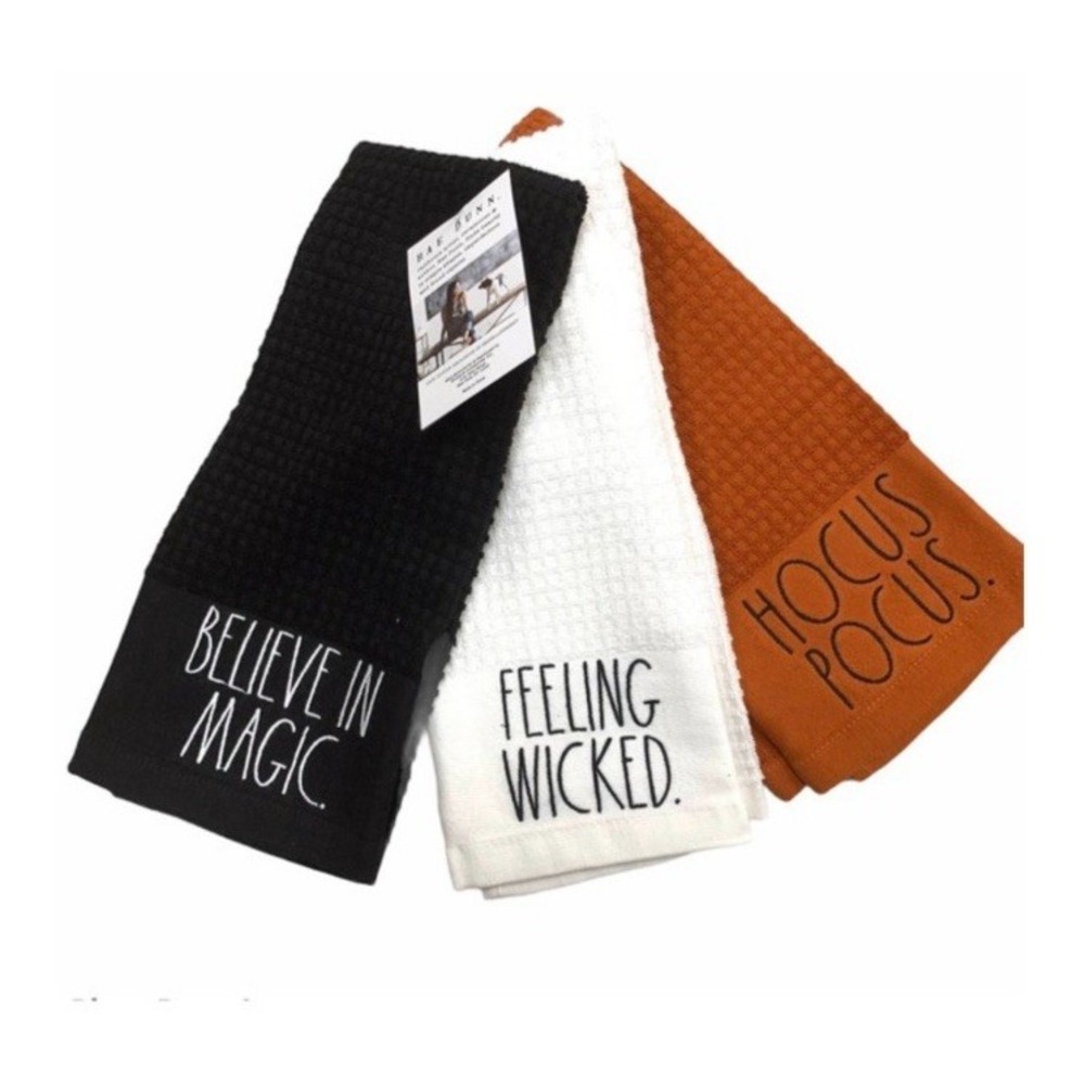 Rae Dunn-Kitchen Towels HOCUS POCUS, BELIEVE IN MAGIC, WICKED HALLOWEEN Set of 3